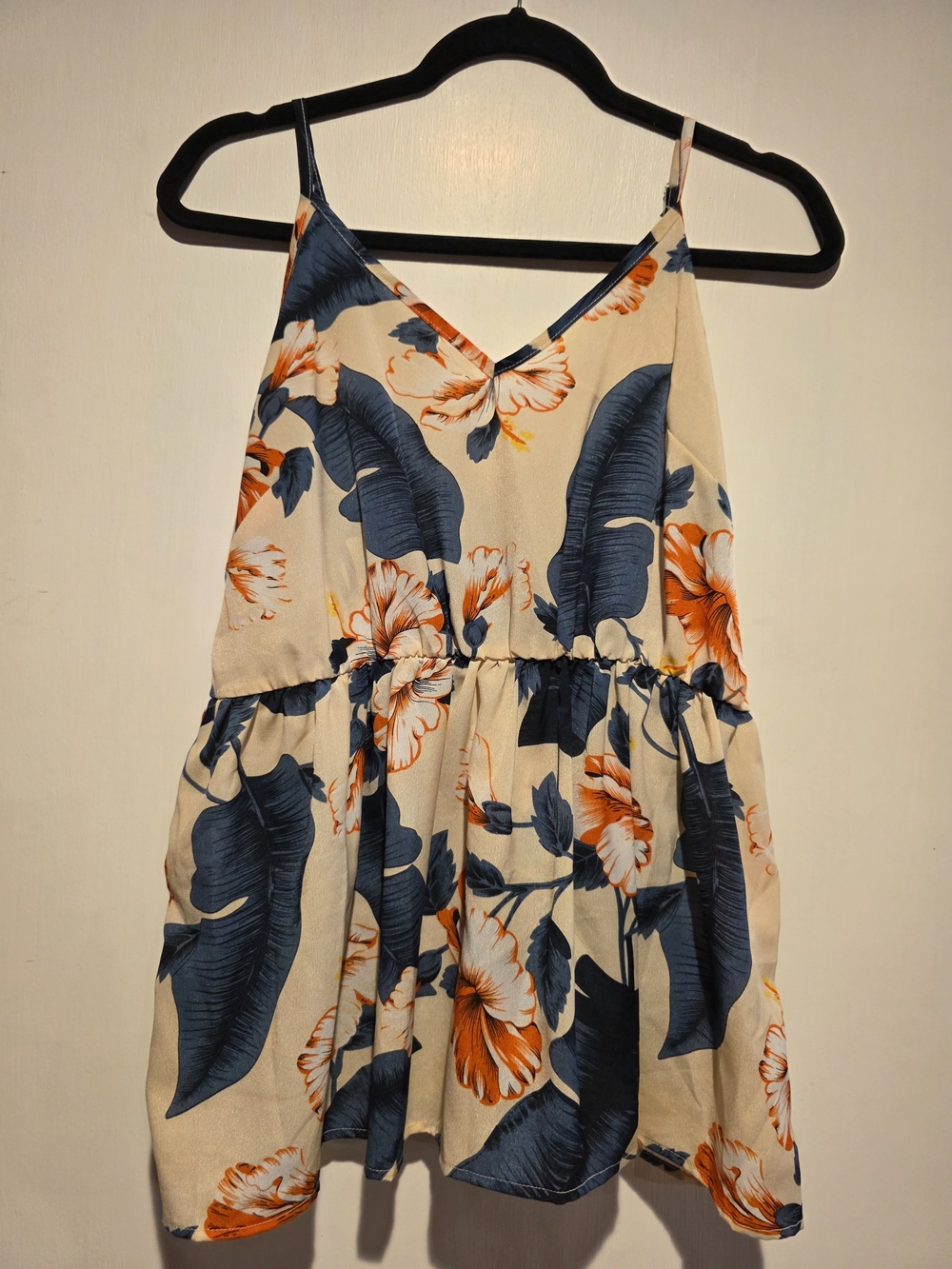 Cream Floral Cami Top with Blue Leaves and Orange Blooms